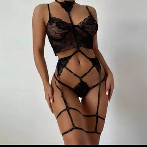Black lace garter belt harness lingerie.